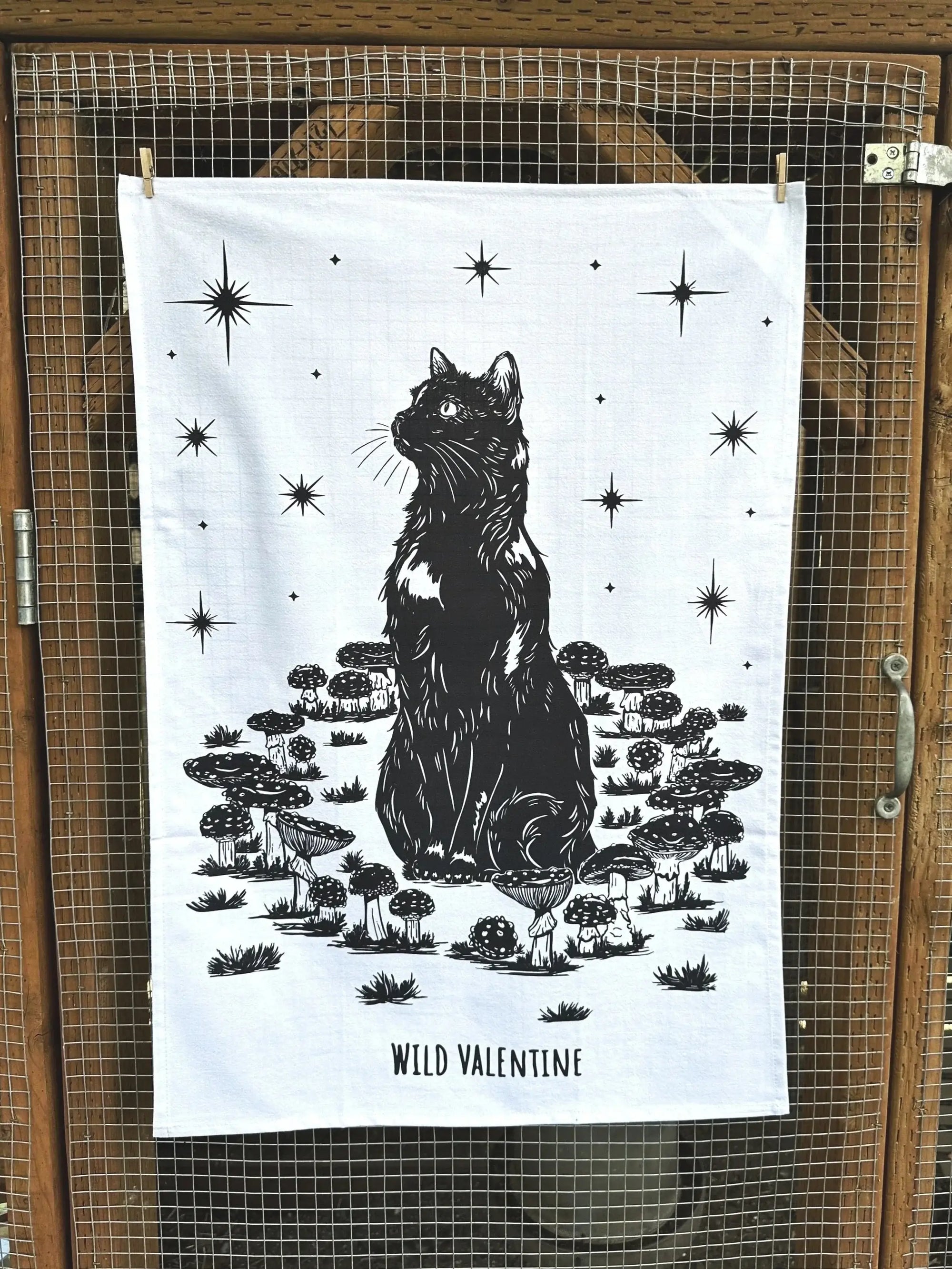 Black Cat &amp; Mushroom Tea Towel