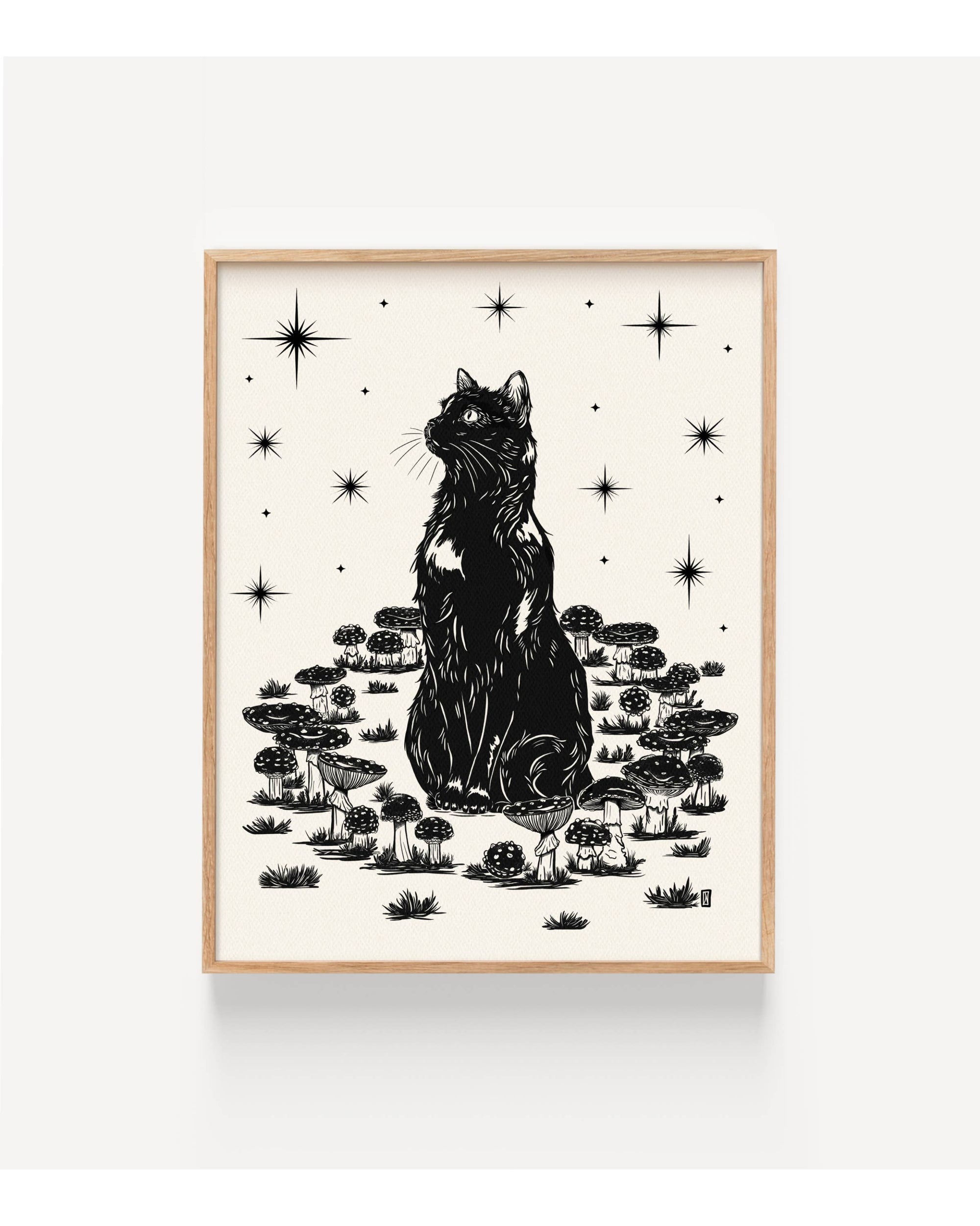 Black Cat &amp; Mushrooms Art Print