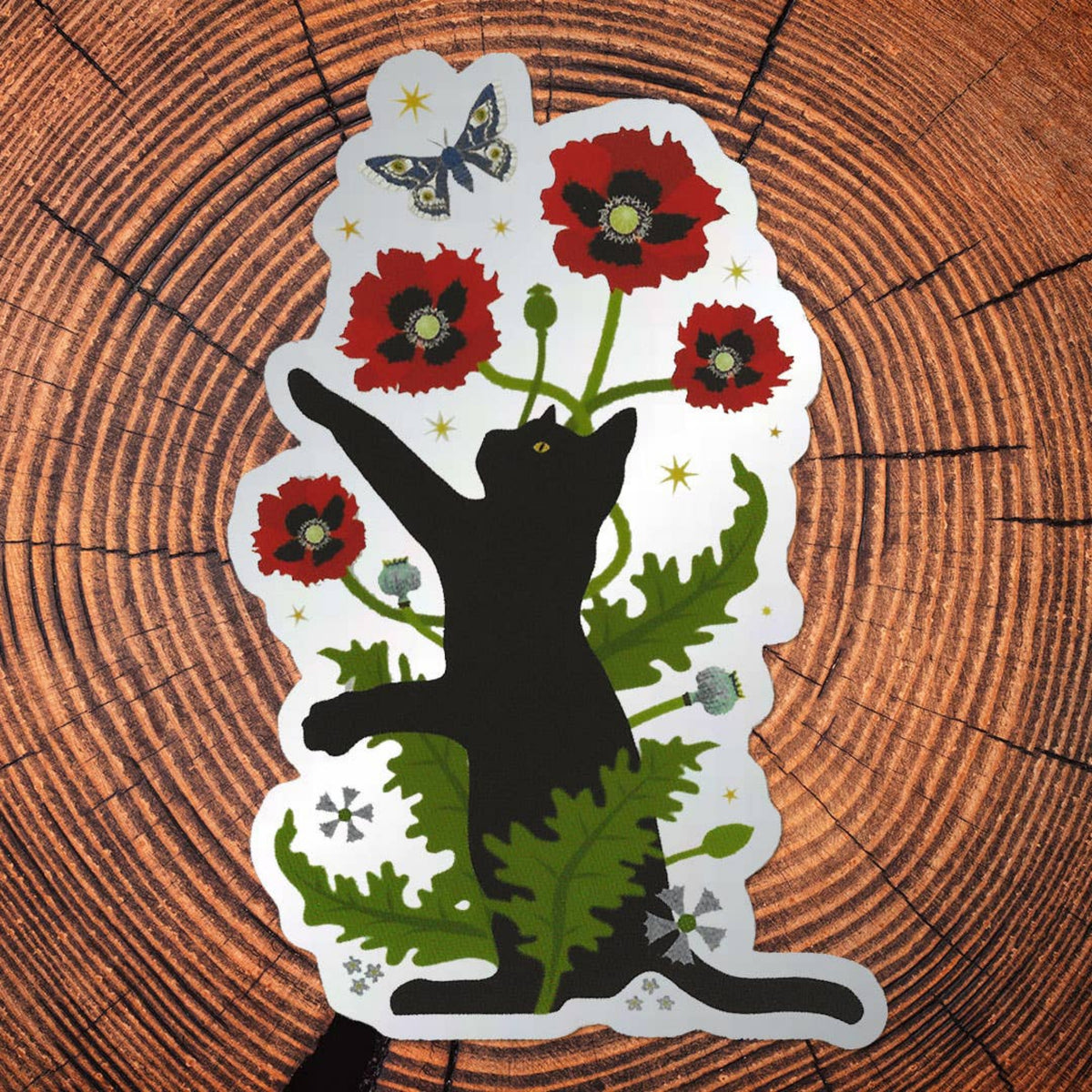 Black Cat &amp; Poppies Matte Mirror PVC-Free Sticker