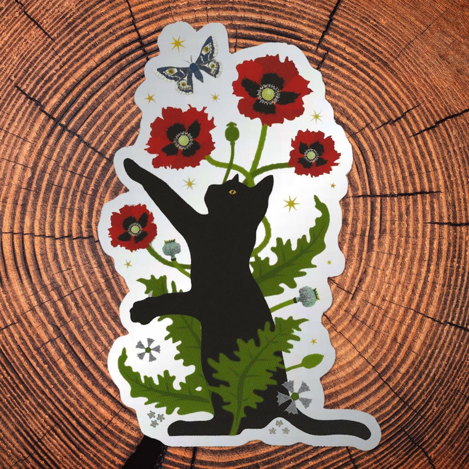 Black Cat & Poppies Matte Mirror PVC-Free Sticker
