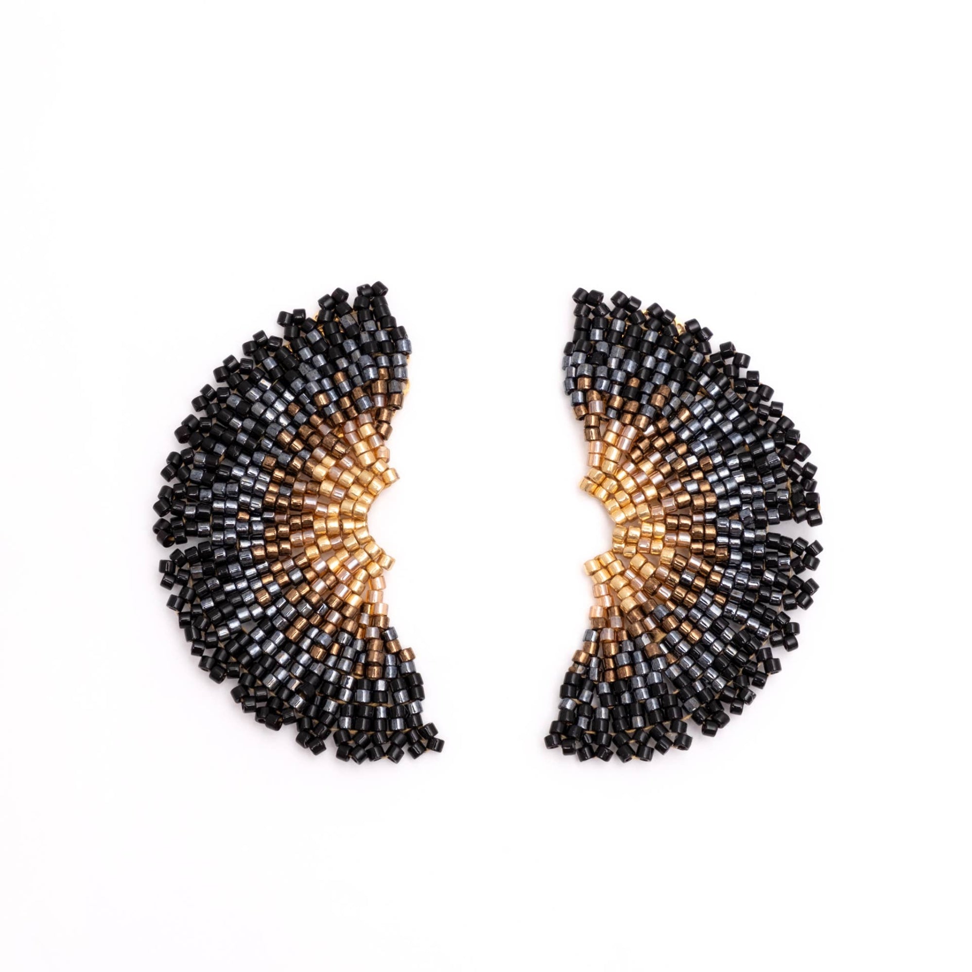 Black Ginkgo Leaf Beaded Handwoven Stud Earrings