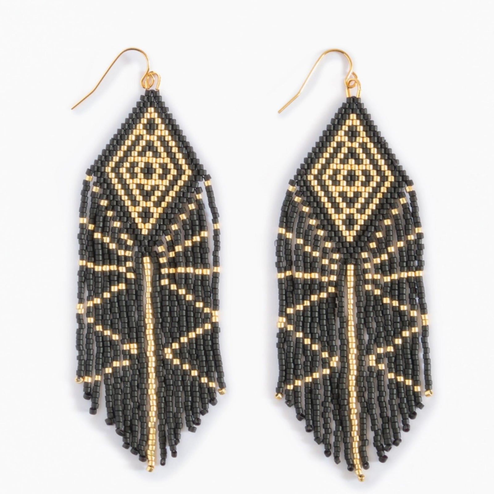 Black and Gold Tribal Diamond Fringe Miyuki Beaded Earrings