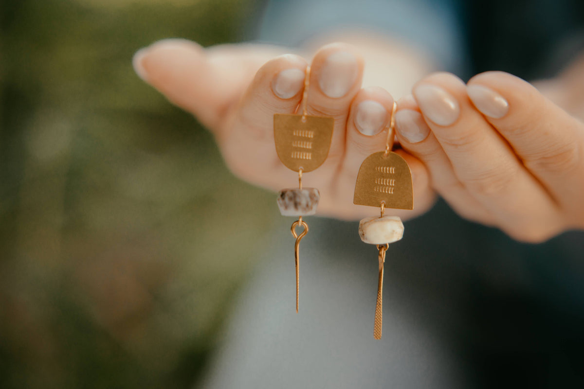 Brass Stamped Dendrite Opal Gemstone Earrings