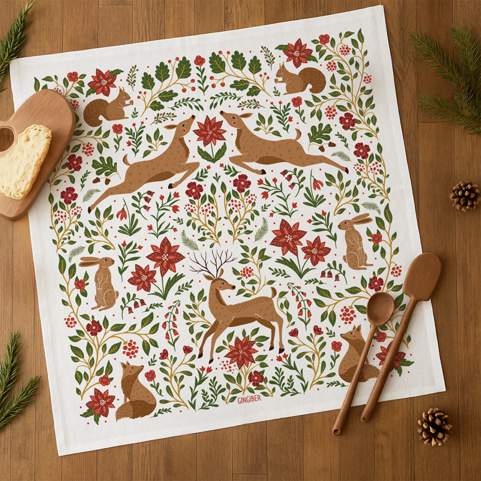 Christmas Forest Tea Towel – Woodland Animals & Poinsettias