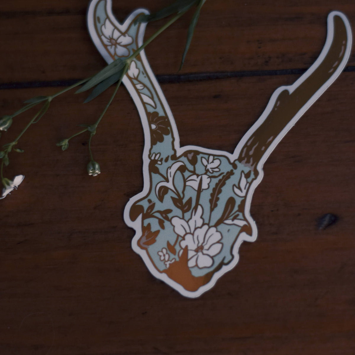 Deer Skull Vinyl Sticker: Mint and Gold