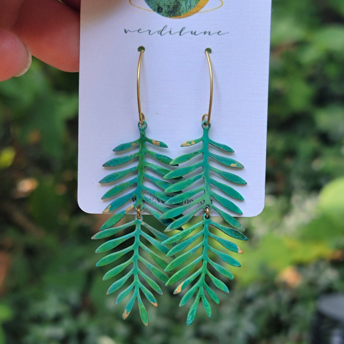 Fern Sultry Summer Dangle Earrings with Verdigris Patina
