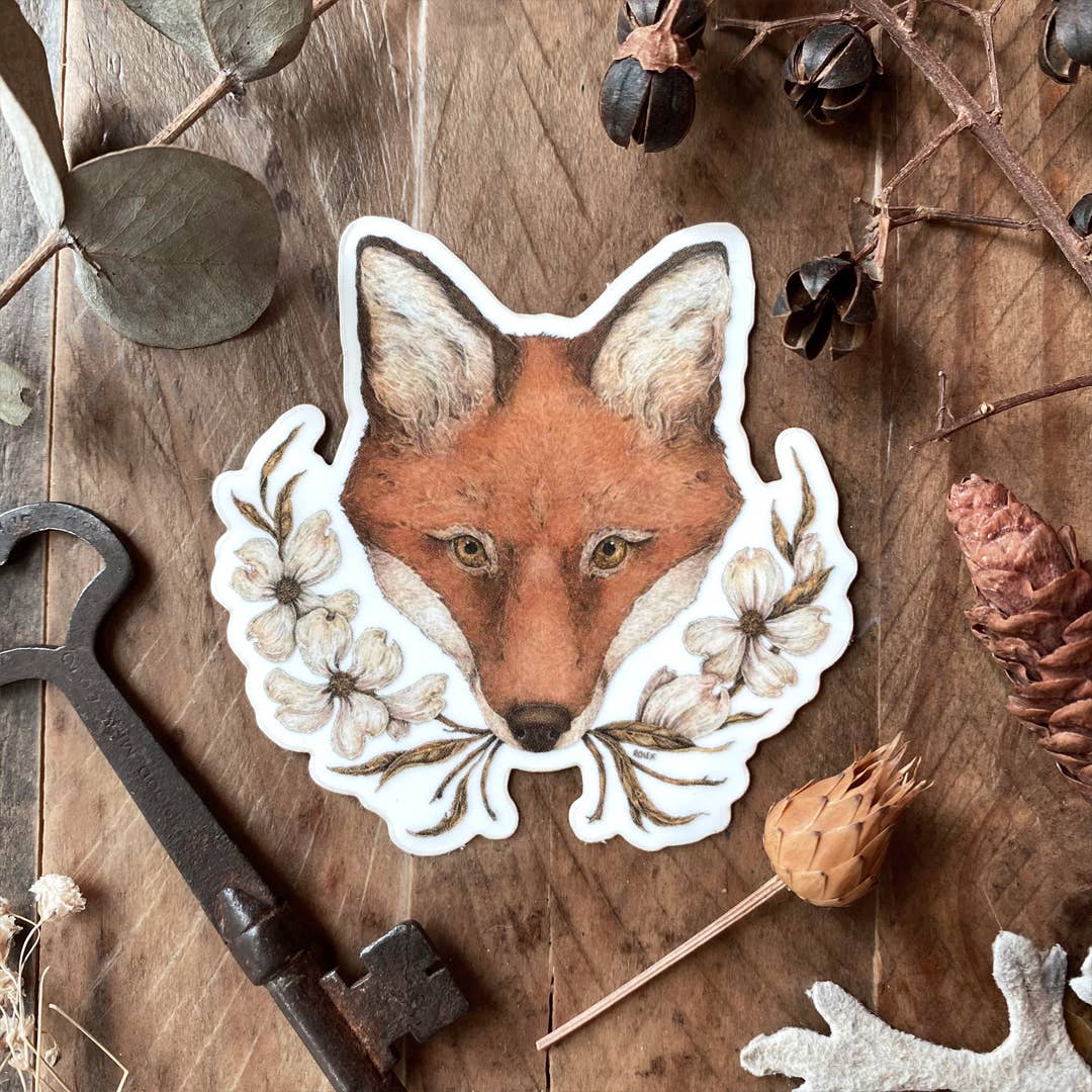 Fox and Dogwoods Semi-Transparent Sticker by Jessica Roux
