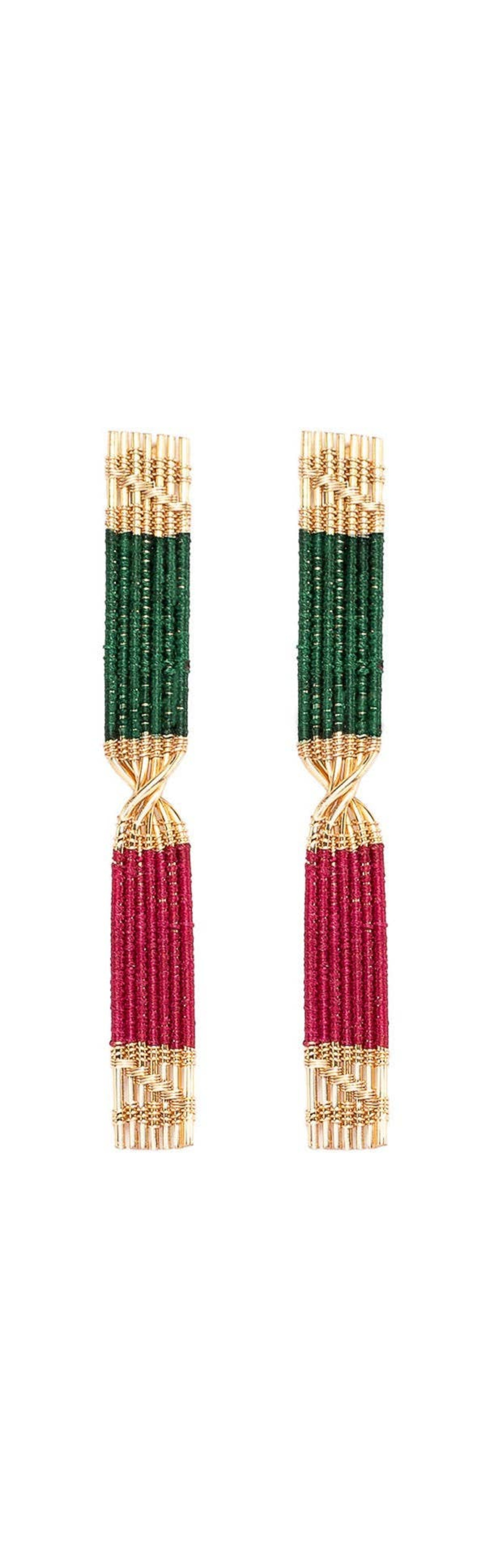 Green and Magenta Twisted Wire and Cord Handwoven Earrings