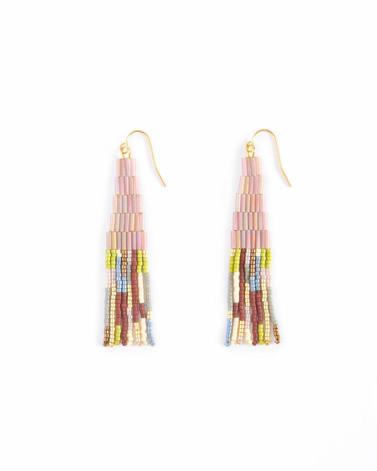 Lilac Beaded Handwoven Abstract Fringe Earrings 