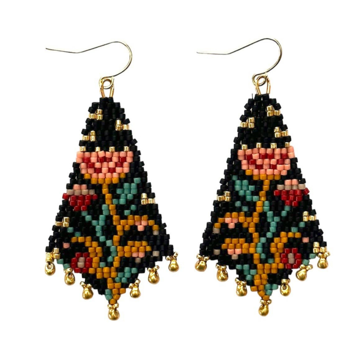 Midnight Night Bloom Beaded Handwoven Drop Earrings
