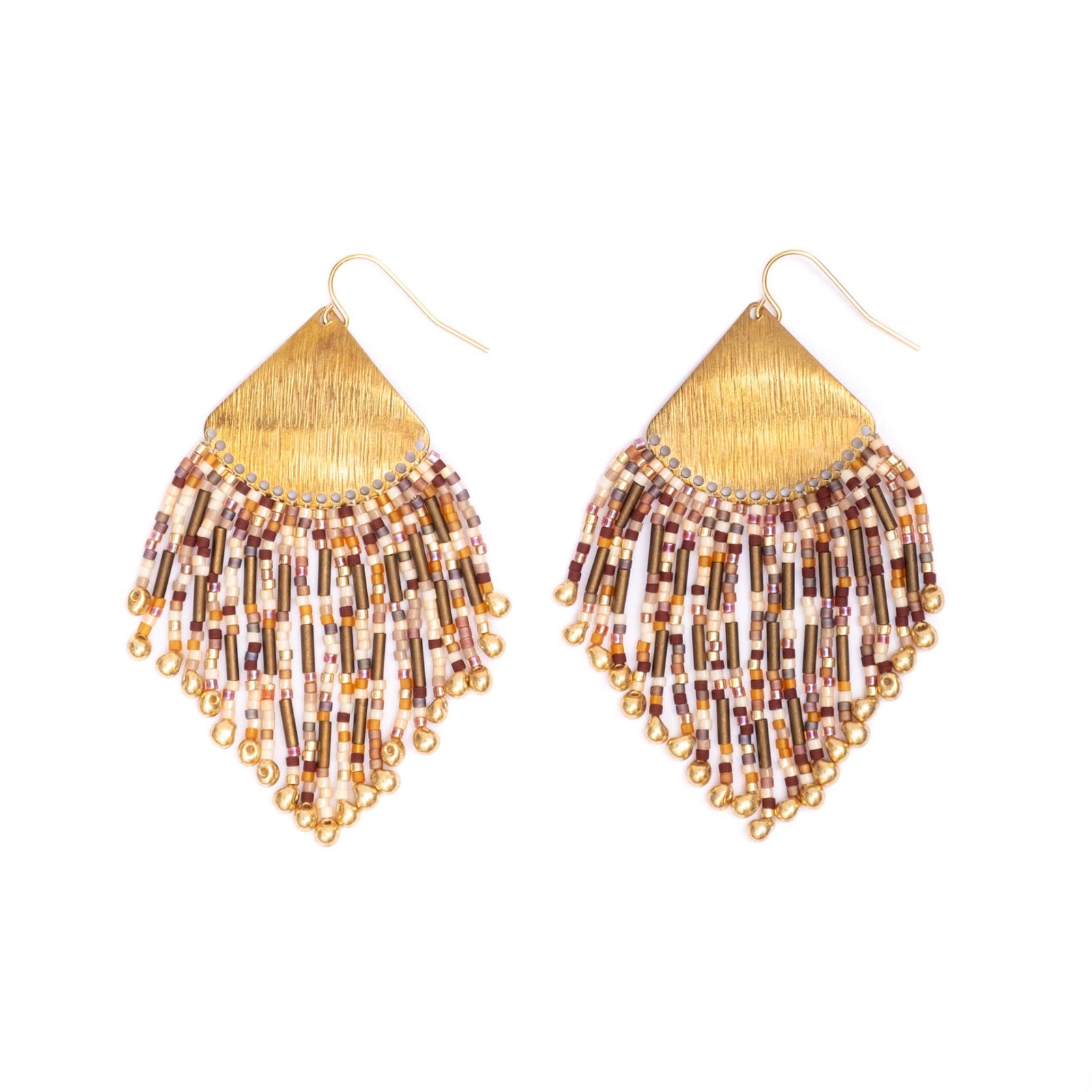 Neutral Beaded Handwoven Confetti Fringe Earrings