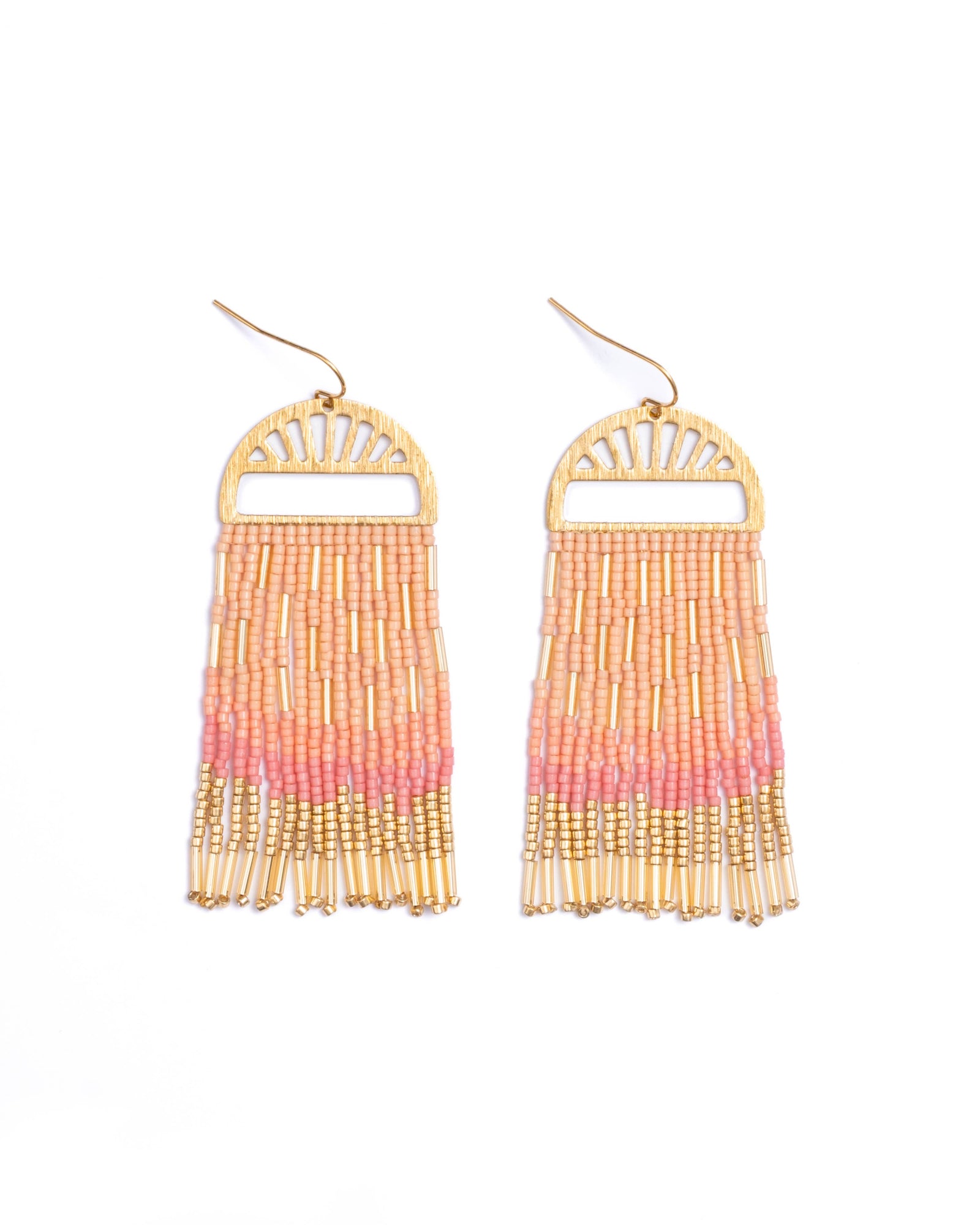 Peach Sprinkle Fringe Beaded Handwoven Earrings