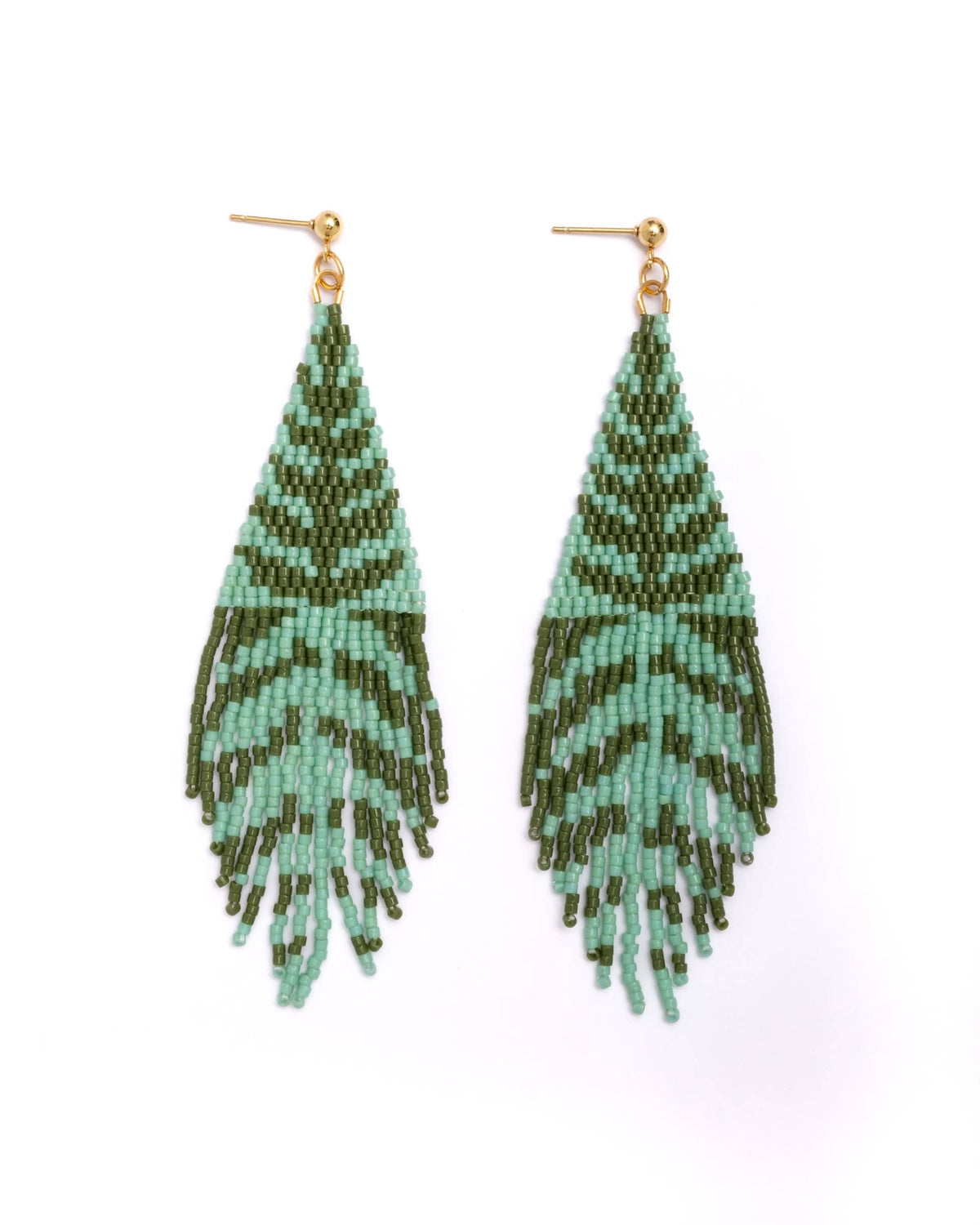 Vine Fringe Turquoise and Olive Beaded Handwoven Earrings