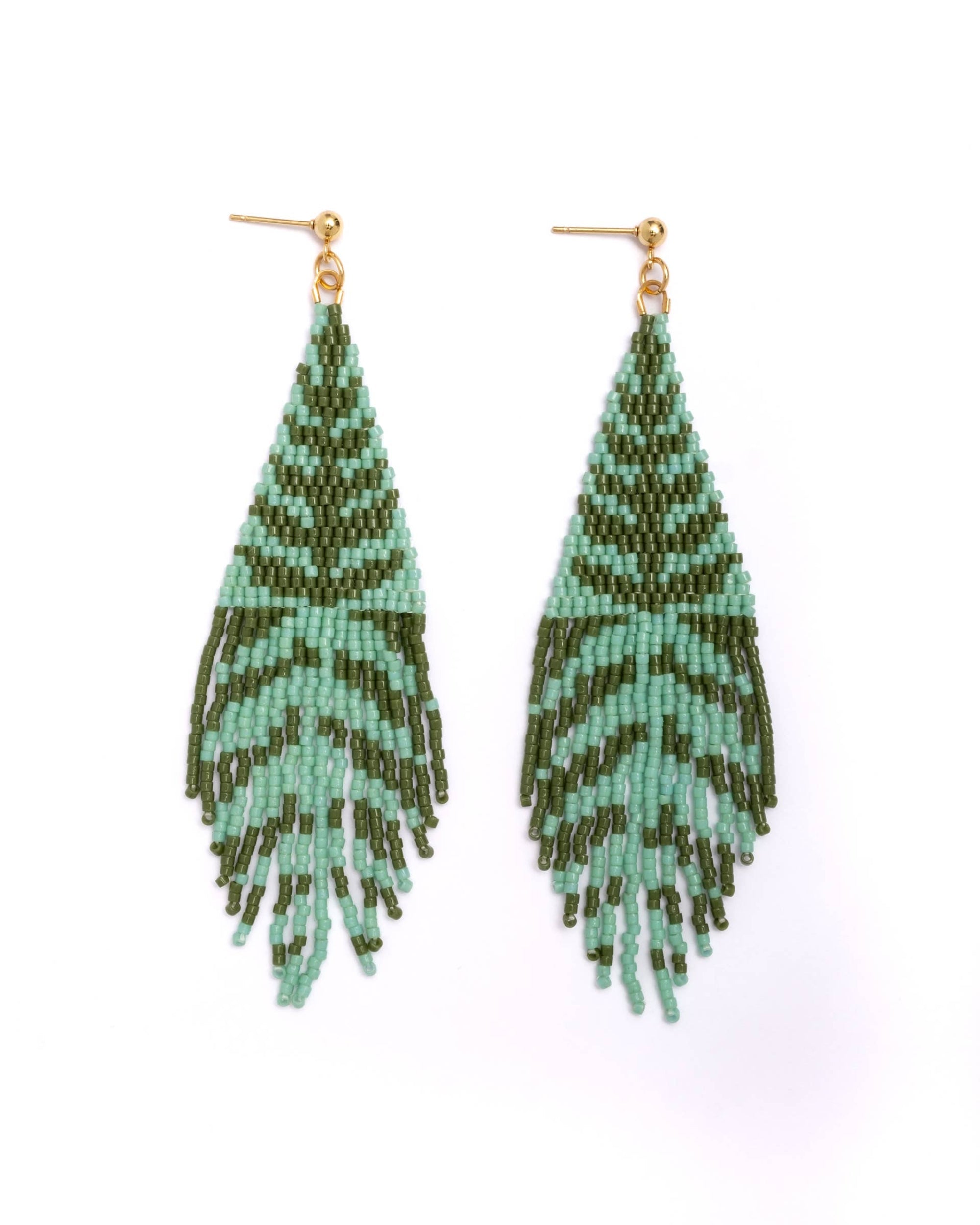 Vine Fringe Turquoise and Olive Beaded Handwoven Earrings