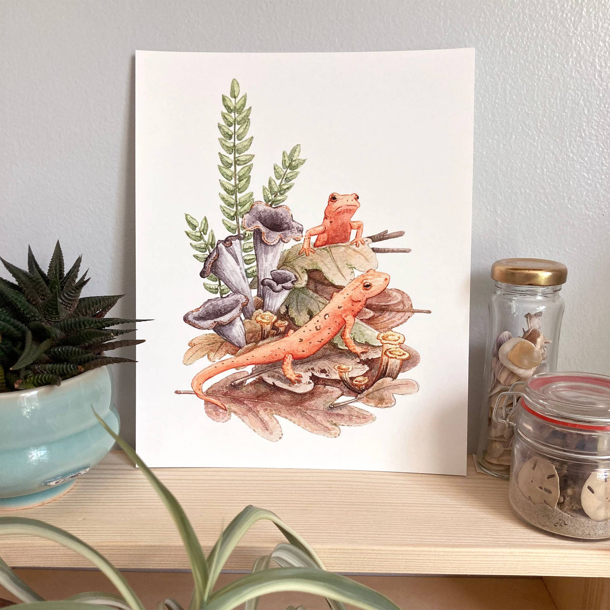 Red Efts with Trumpet Chanterelle (8&quot; x 10&quot; Giclee Print)