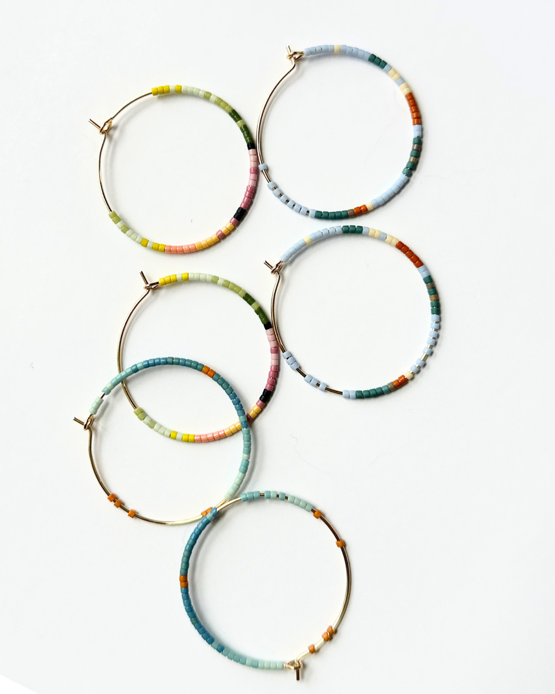 Green &amp; Pink Japanese Glass Beaded Hoop Earrings