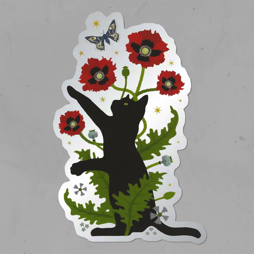 Black Cat & Poppies Matte Mirror PVC-Free Sticker