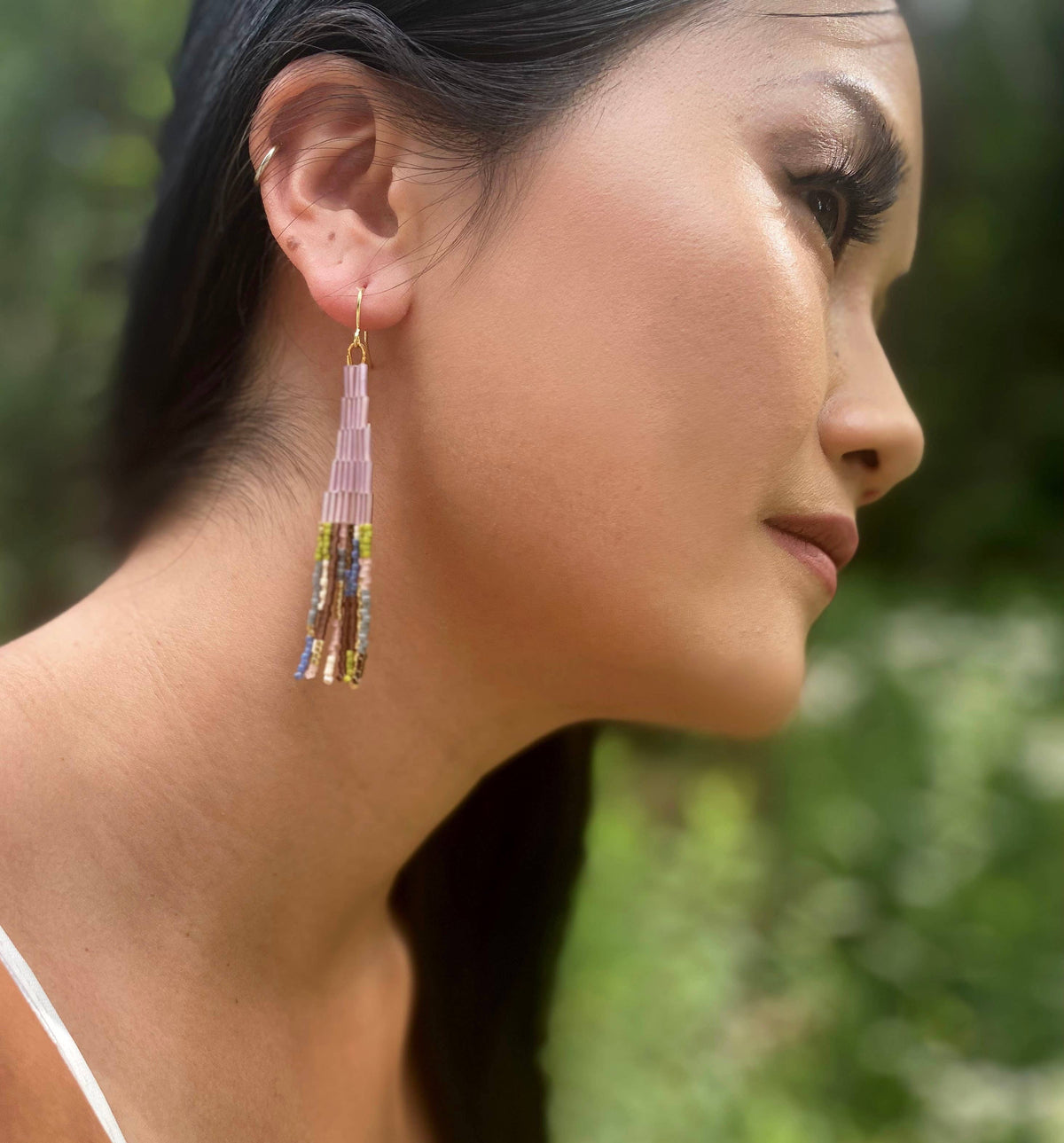 Lilac Beaded Handwoven Abstract Fringe Earrings