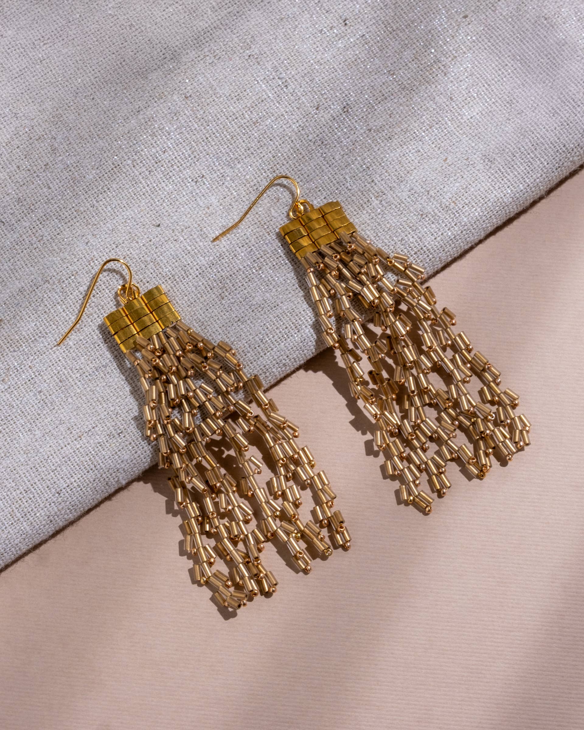 Beaded Handwoven Cascade Fringe Earrings (Gold)