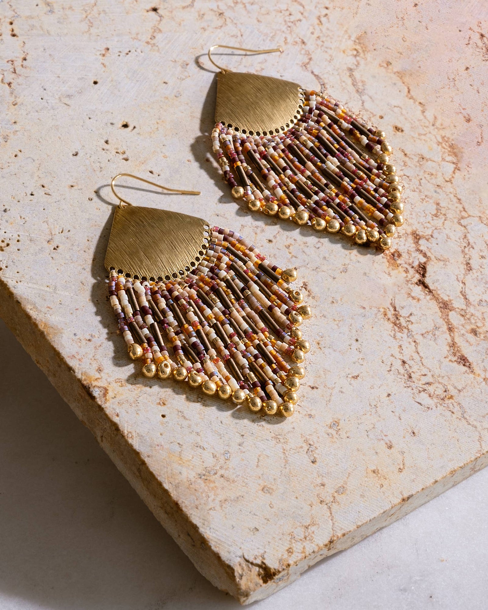 Neutral Beaded Handwoven Confetti Fringe Earrings
