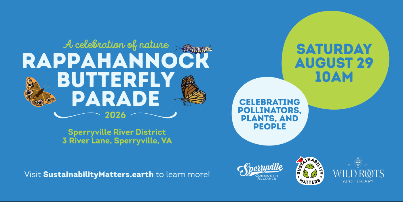 Promotional flyer for the 2026 Rappahannock Butterfly Parade in Sperryville, Virginia, featuring white and green text on a blue background with butterfly illustrations and event details.