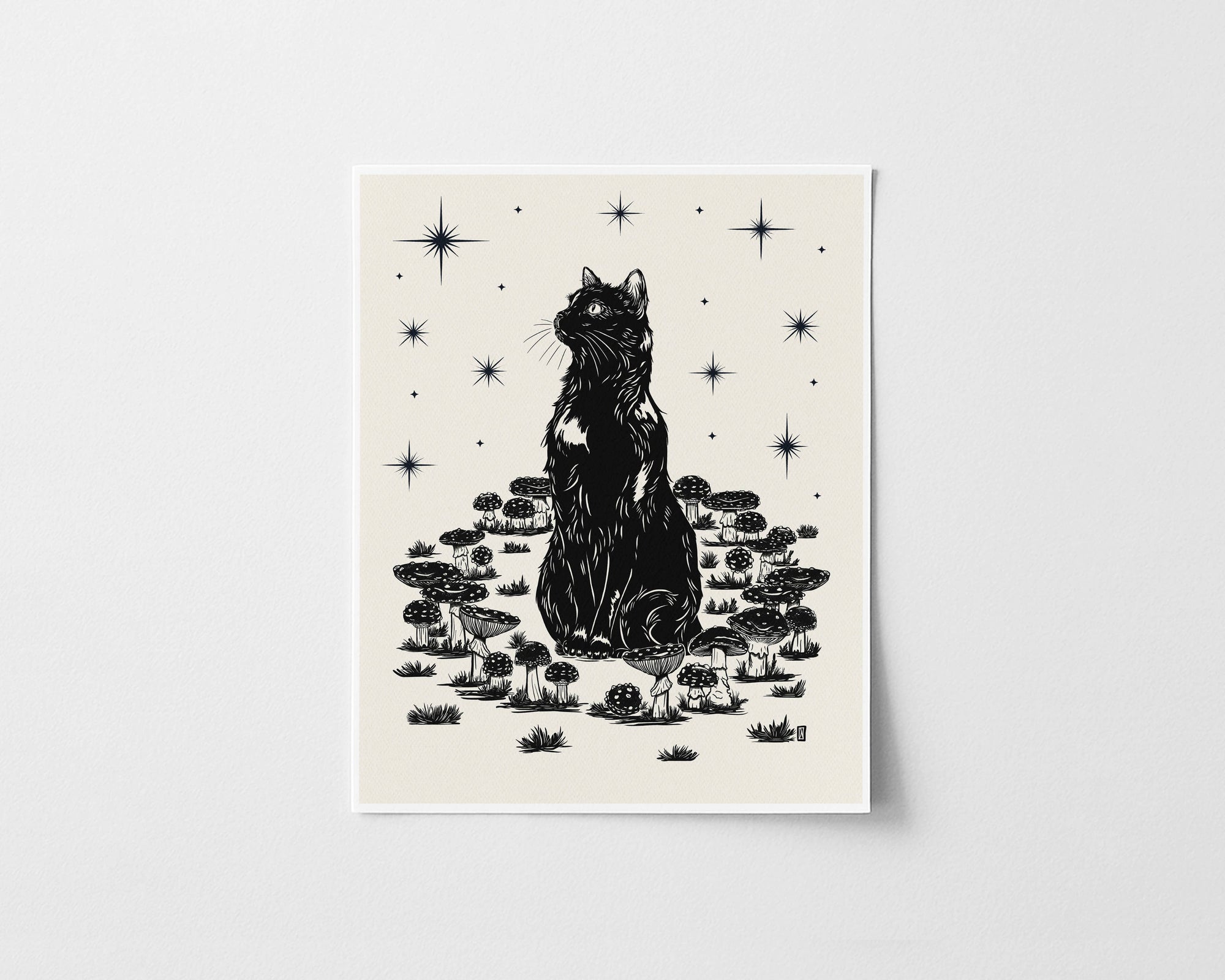 Black Cat &amp; Mushrooms Art Print (8x10)