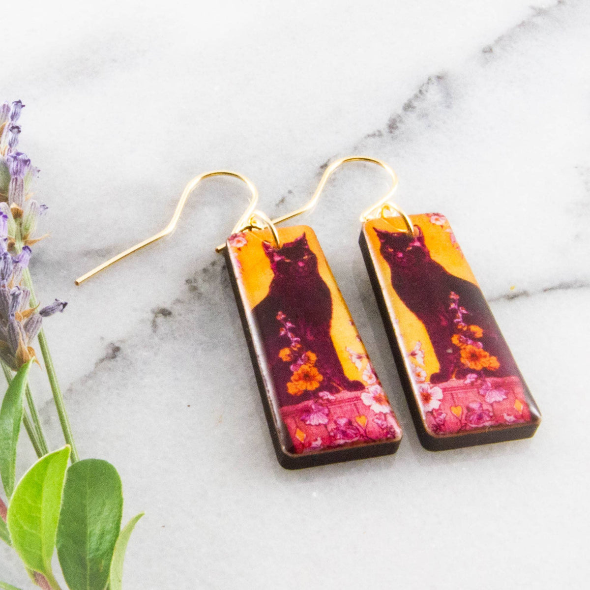 Art Nouveau Black Cat Tapered Rectangle Earrings