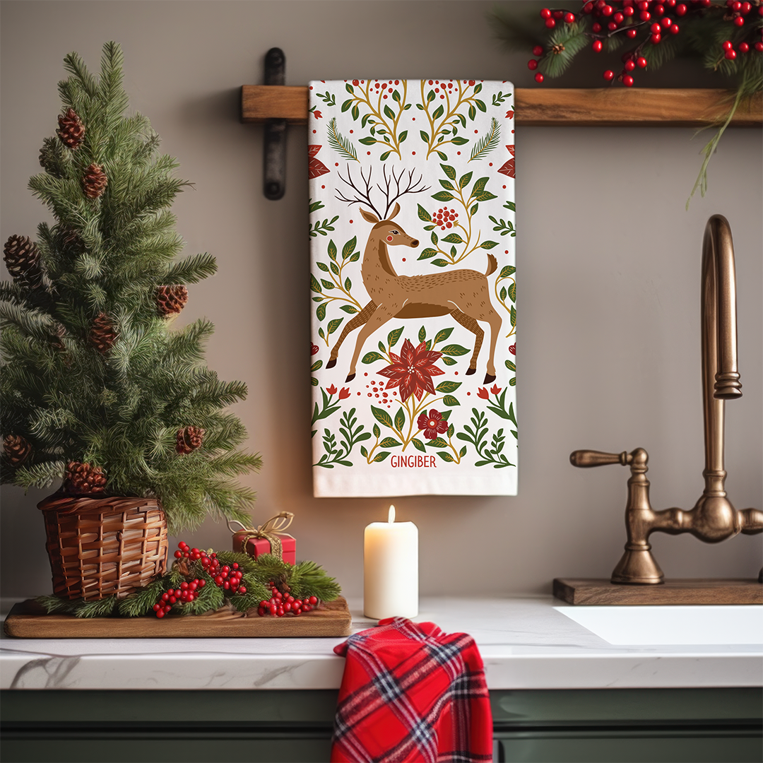 Christmas Forest Tea Towel – Woodland Animals & Poinsettias