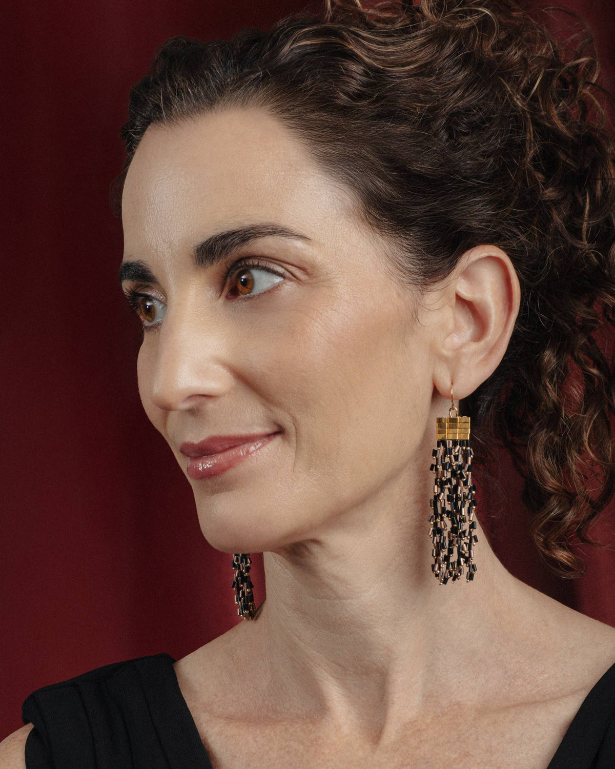 Cascade Fringe Beaded Handwoven Earrings (Gold)