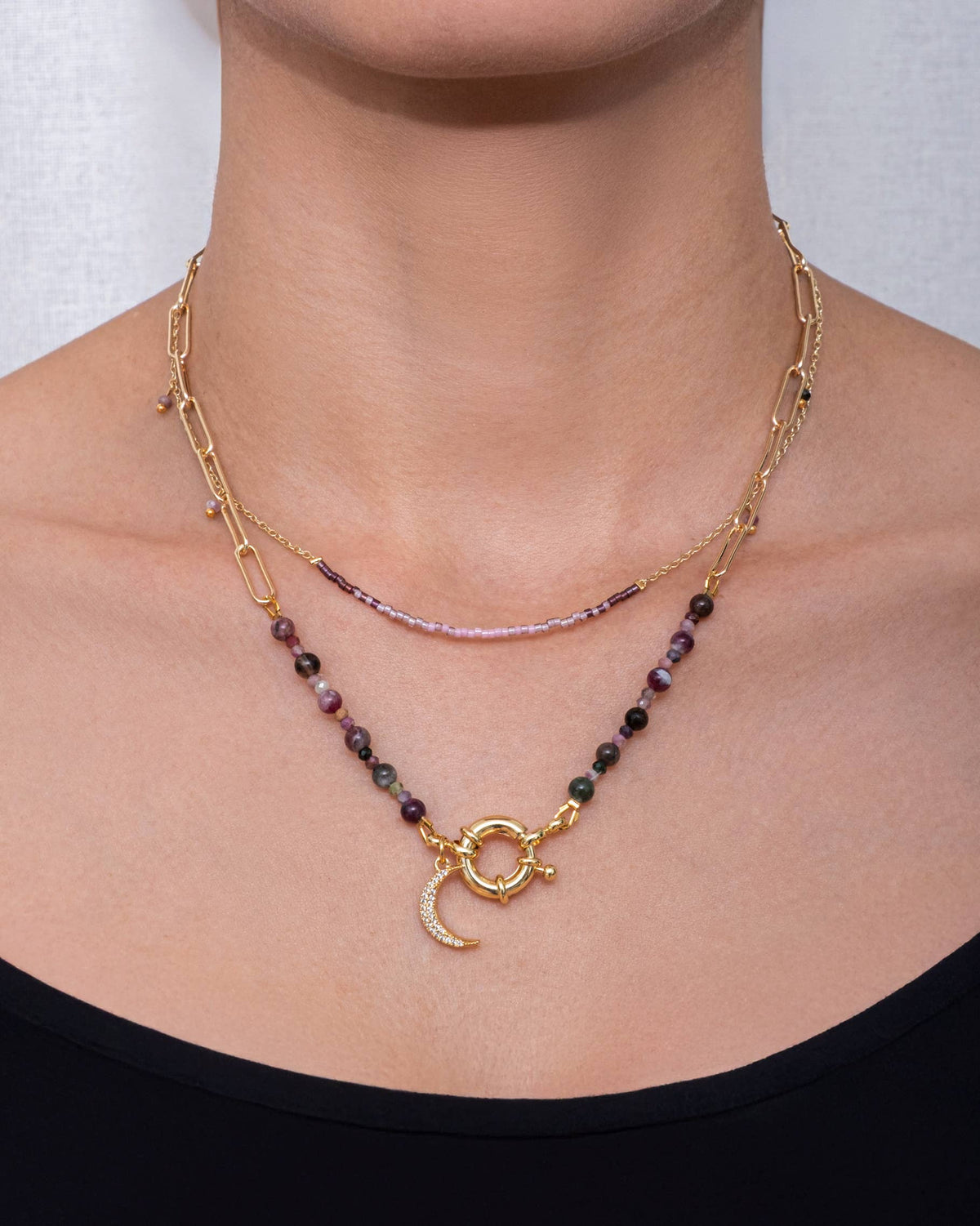 Beaded Charm and Chain Layering Necklace Set/2 (Midnight)