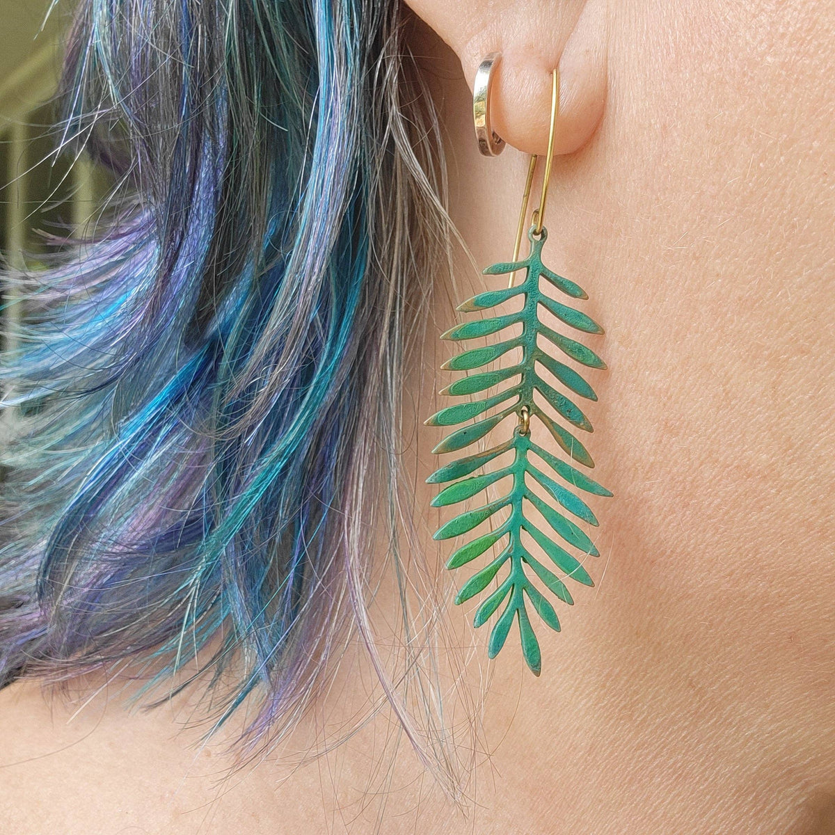 Fern Sultry Summer Dangle Earrings with Verdigris Patina