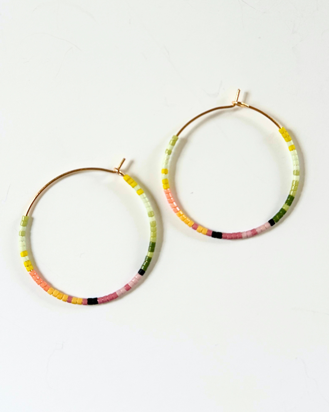 Green &amp; Pink Japanese Glass Beaded Hoop Earrings