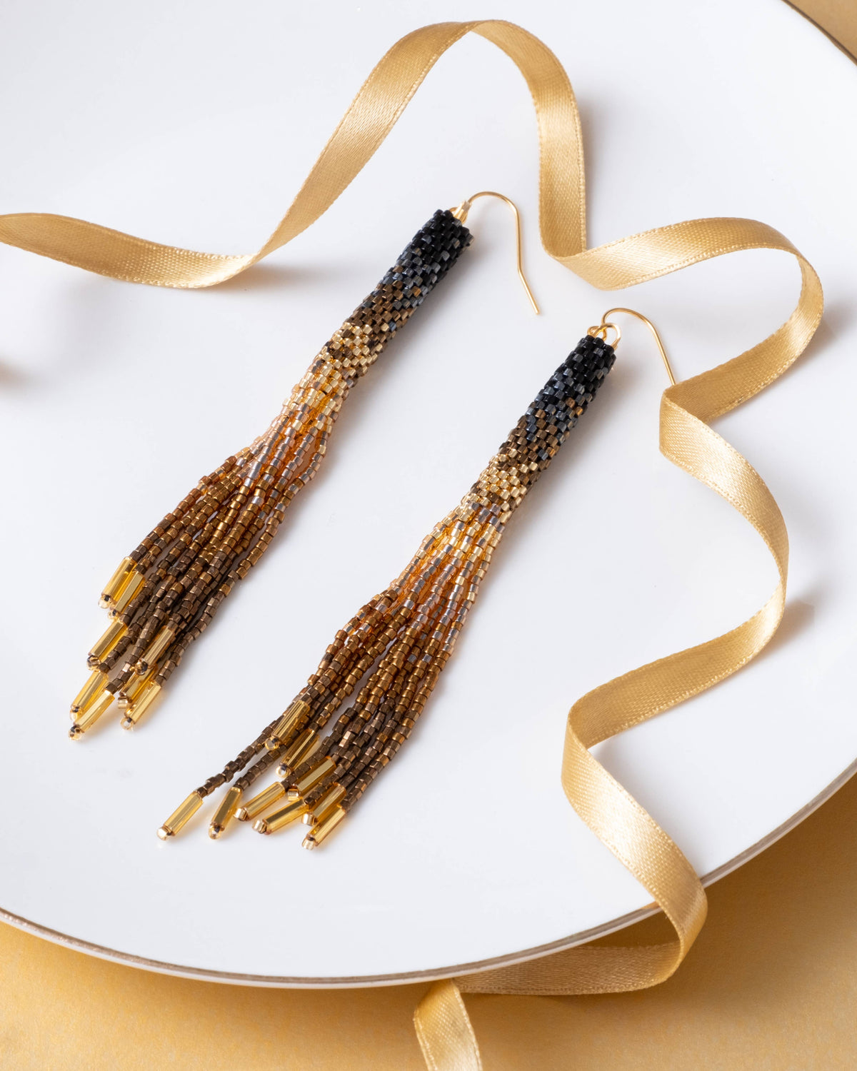 Black Ombre Tassel Beaded Handwoven Earrings