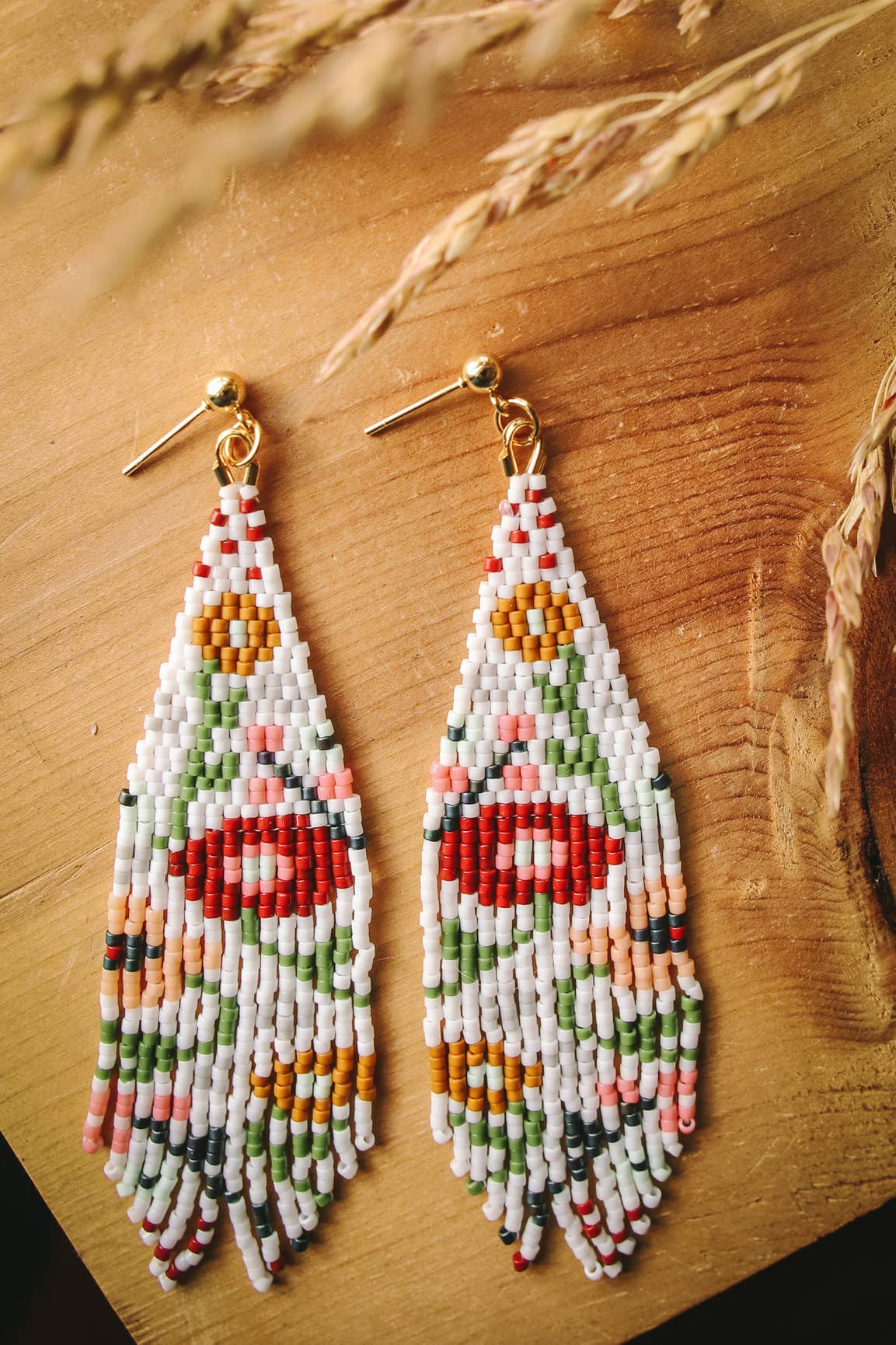 Beaded Handwoven Wildflower Fringe Earrings (White)