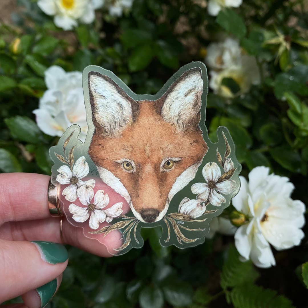 Fox and Dogwoods Semi-Transparent Sticker by Jessica Roux