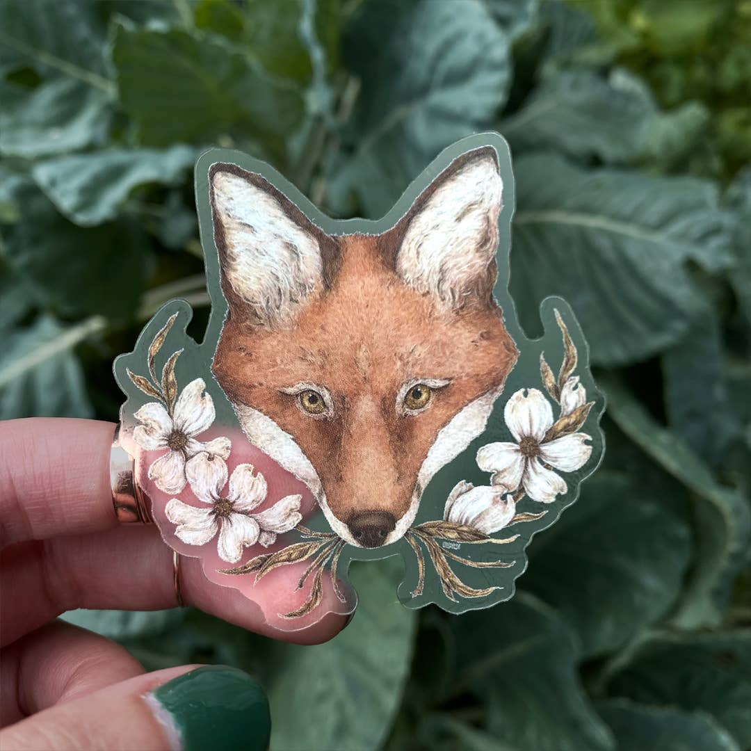Fox and Dogwoods Semi-Transparent Sticker by Jessica Roux