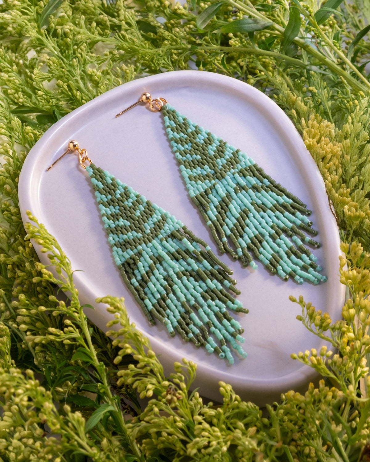 Vine Fringe Turquoise and Olive Beaded Handwoven Earrings