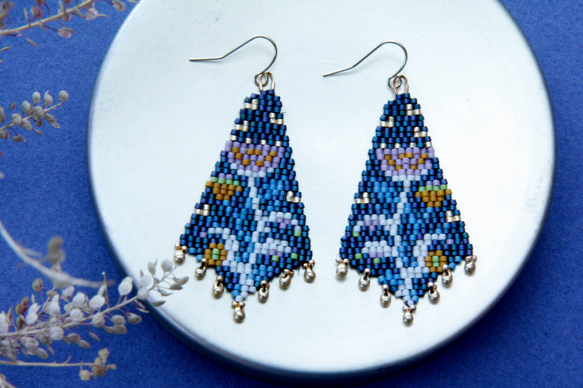 Beaded Handwoven Night Bloom Drop Earrings (Forest)