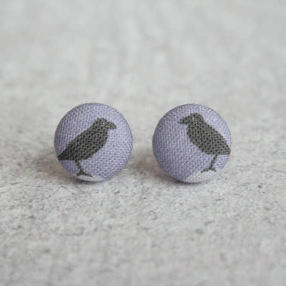 Black Birds Fabric Button Earrings