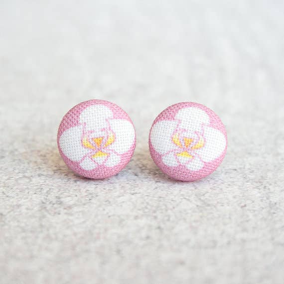 Orchid, Fabric Covered Button Earrings