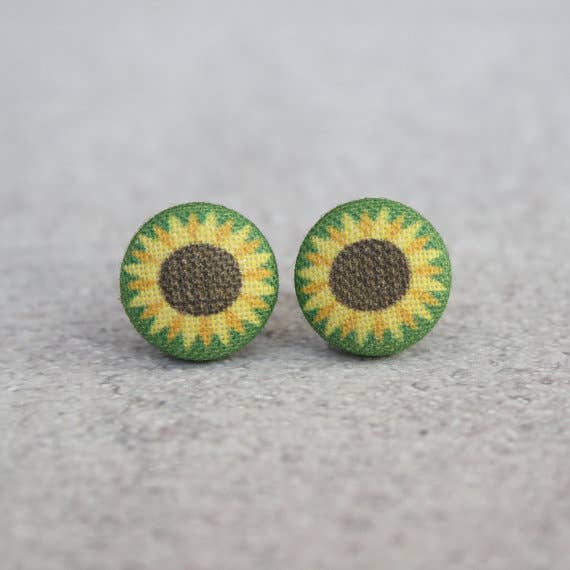 Sunflower Fabric Button Earrings