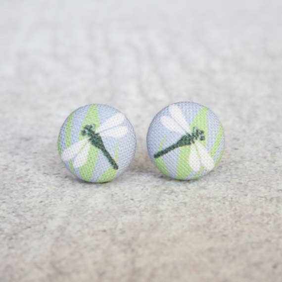 Dragonfly Fabric Button Earrings