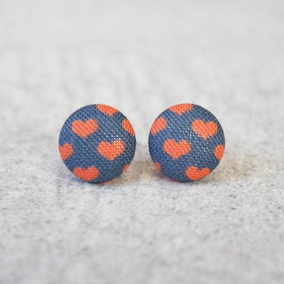 Tiny Red Hearts on Navy Fabric Button Earrings: 0.5 inch wide