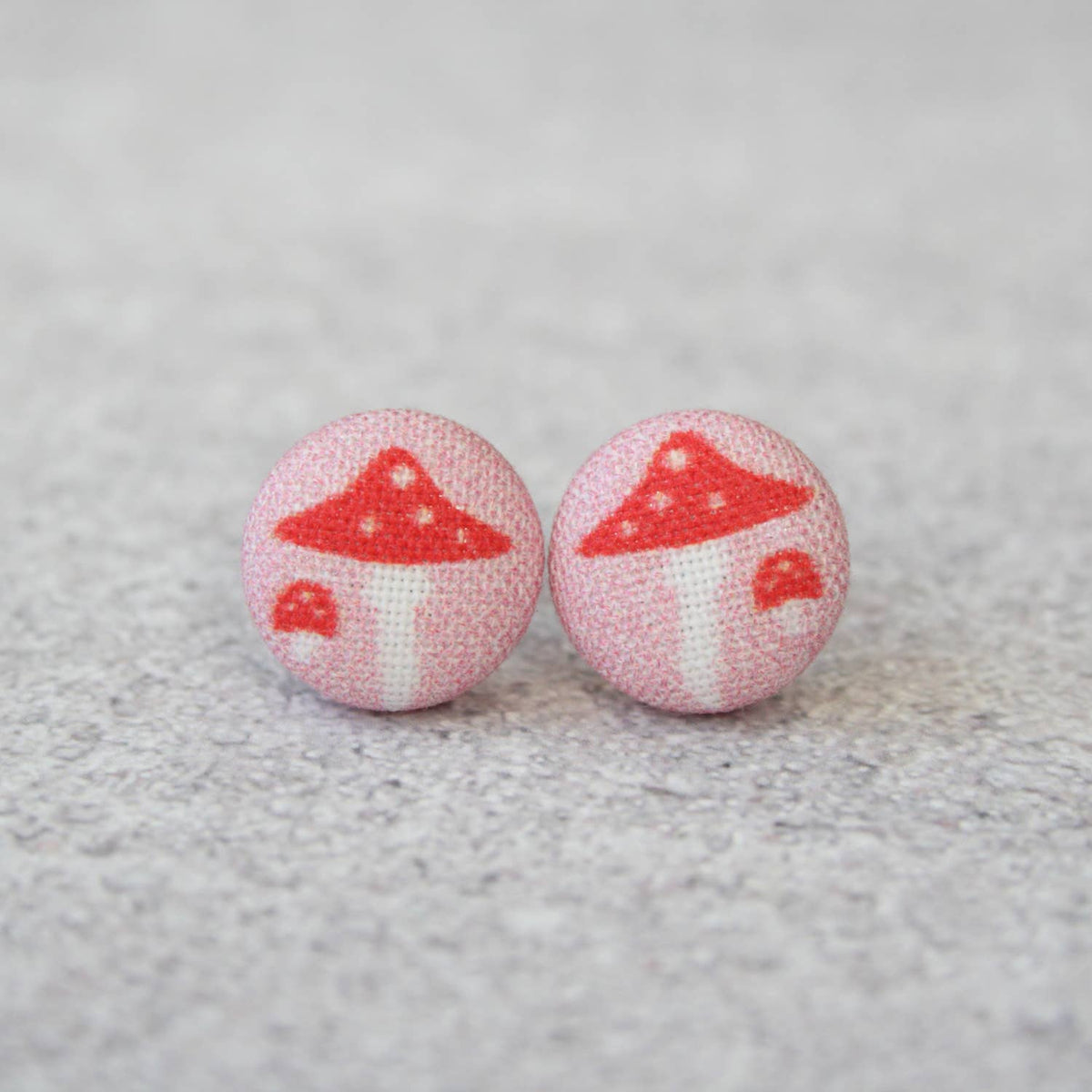Pink Mushroom Fabric Button Earrings