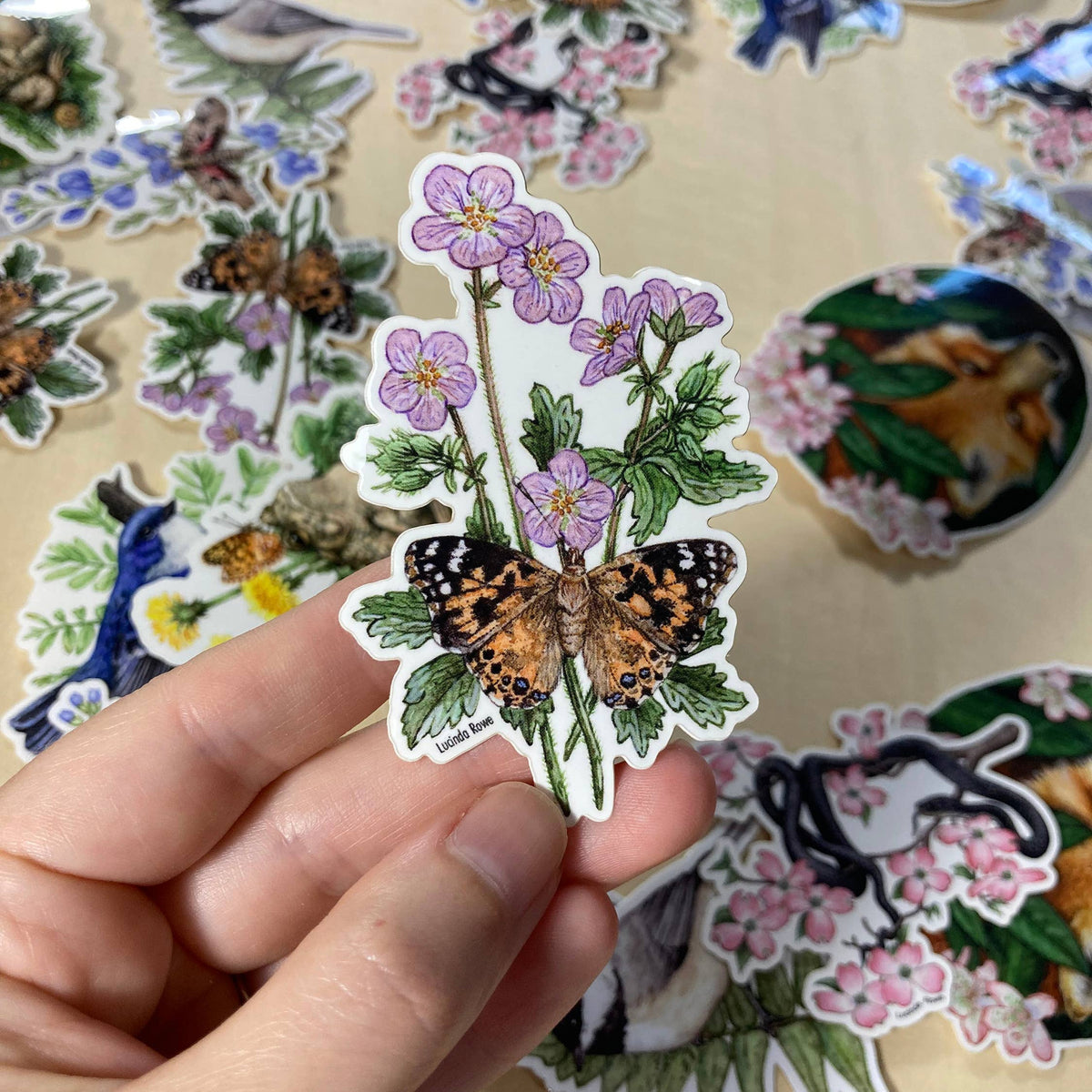 Painted Lady Butterfly On Wild Geranium - Vinyl Sticker