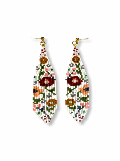 Beaded Handwoven Wildflower Fringe Earrings (White)