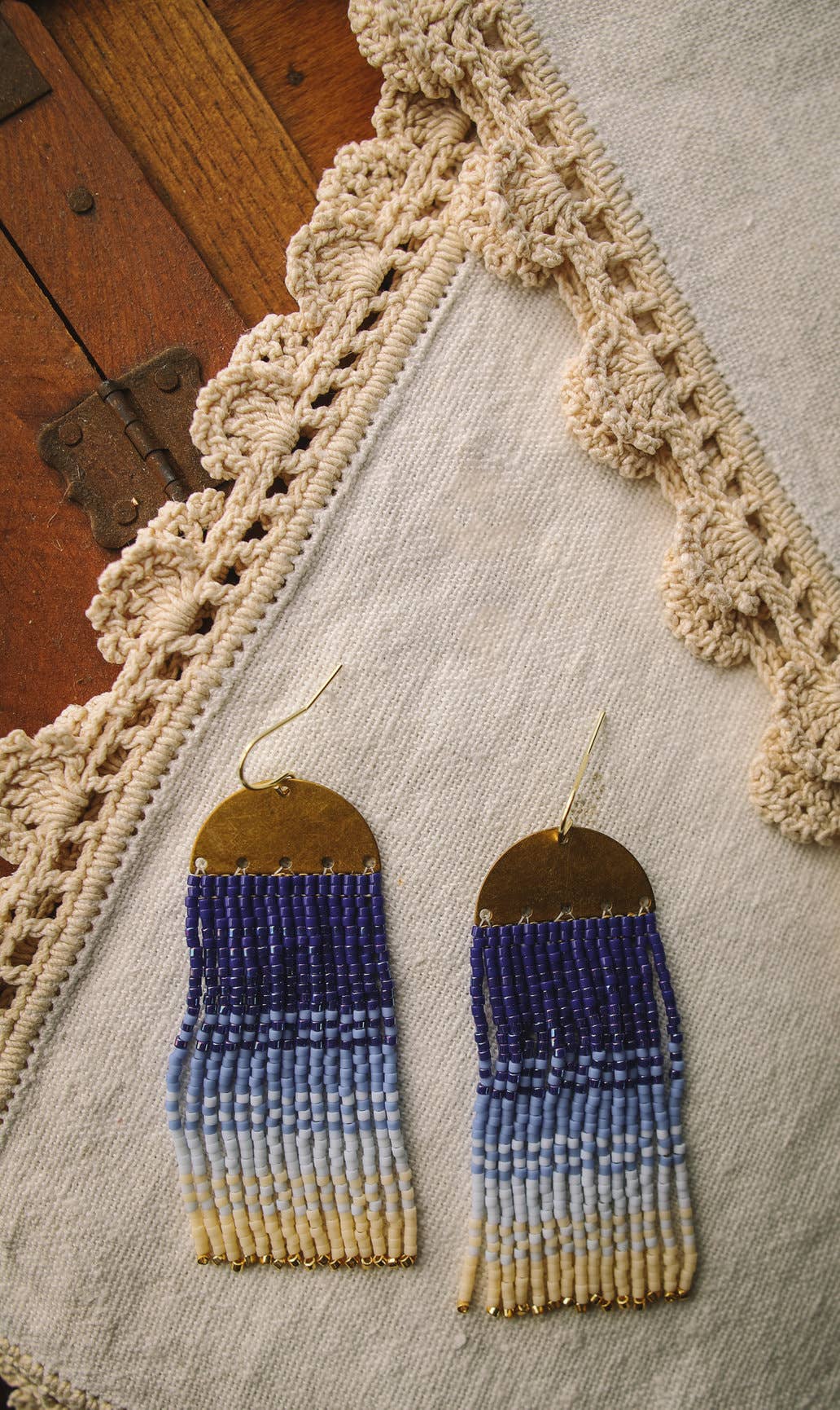 Beaded Handwoven Ombre Fringe Earrings (Blue)