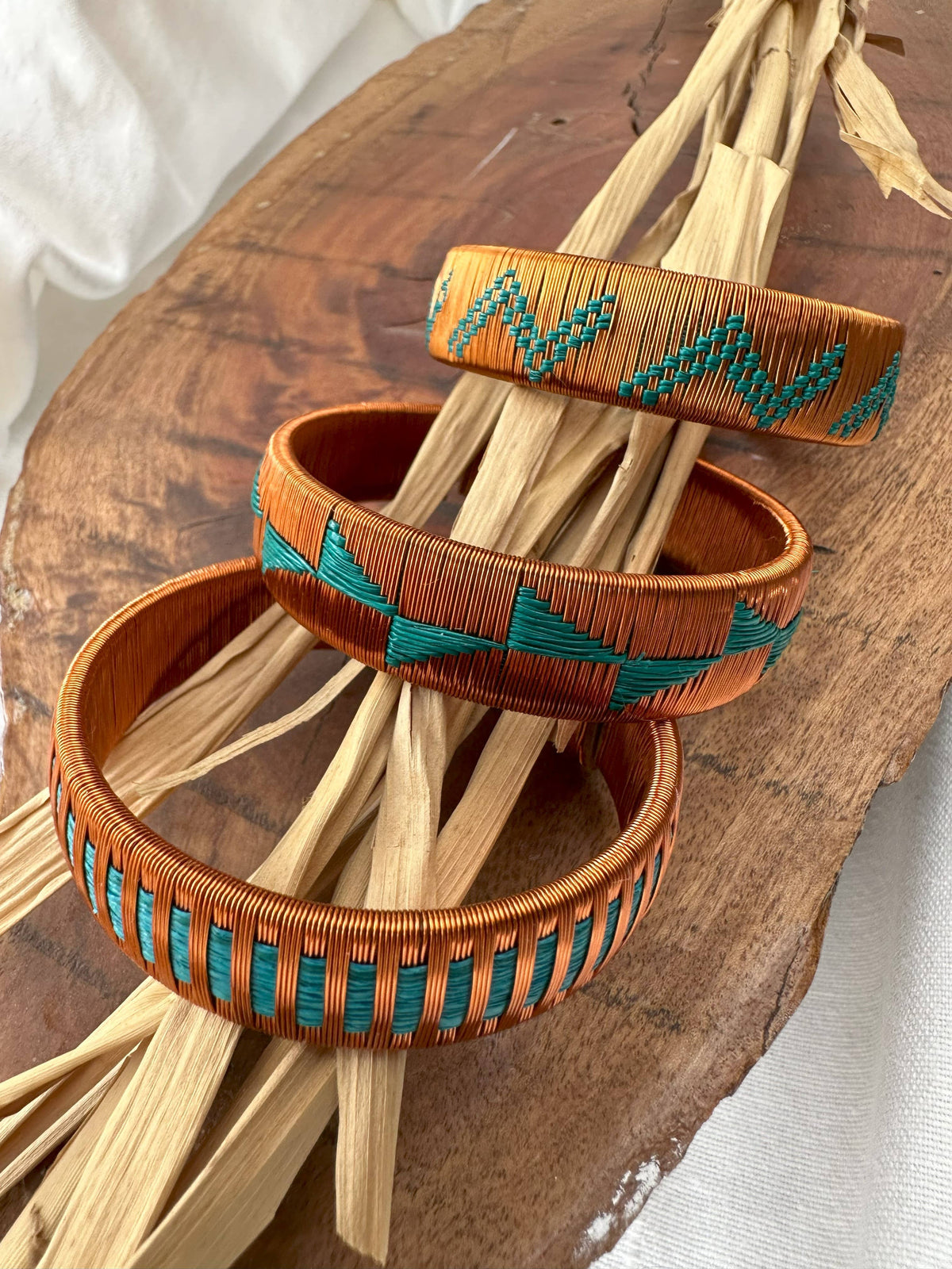 Handwoven Raffia &amp; Wire Wide Bracelet (Copper with Green)