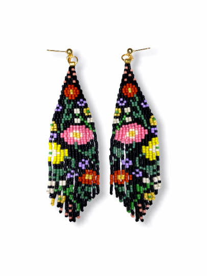 Miyuki Beaded Wildflower Fringe Earrings, Black