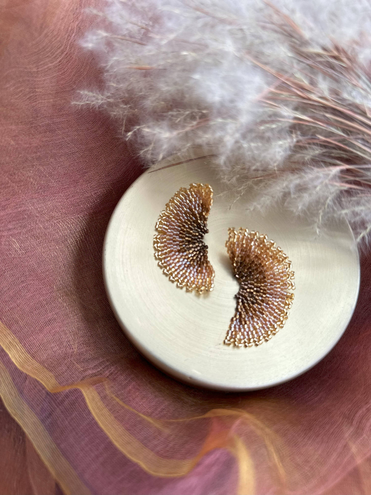 Bronze Ginkgo Leaf Beaded Handwoven Stud Earrings